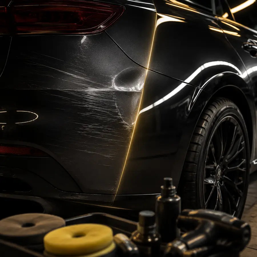 Before and after cosmetic paint repair on a black vehicle