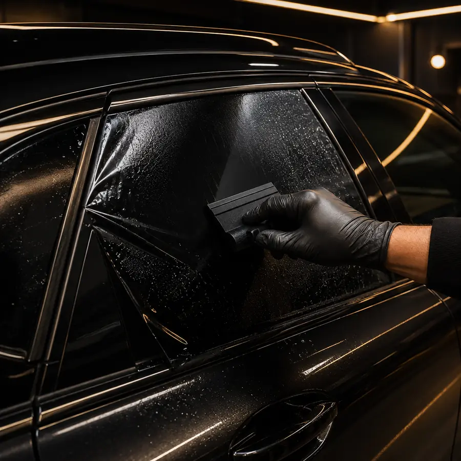 Smash and grab window tinting installed on a black vehicle